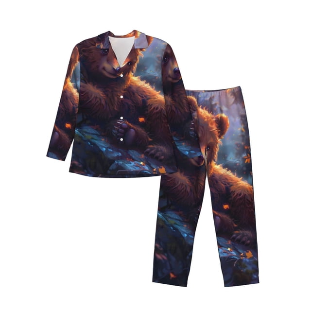 Balery Lazy Stone Bear Pijama para Hombre de Dos Piezas con Manga Larga, Conjunto de Dormir y Descanso Suave con Bolsillos-X-Large