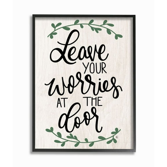 Stupell Industries Leave Your Worries at the Door Quote Family Greeting Framed Wall Art Design by Fearfully Made Creations, 11" x 14", Black Framed