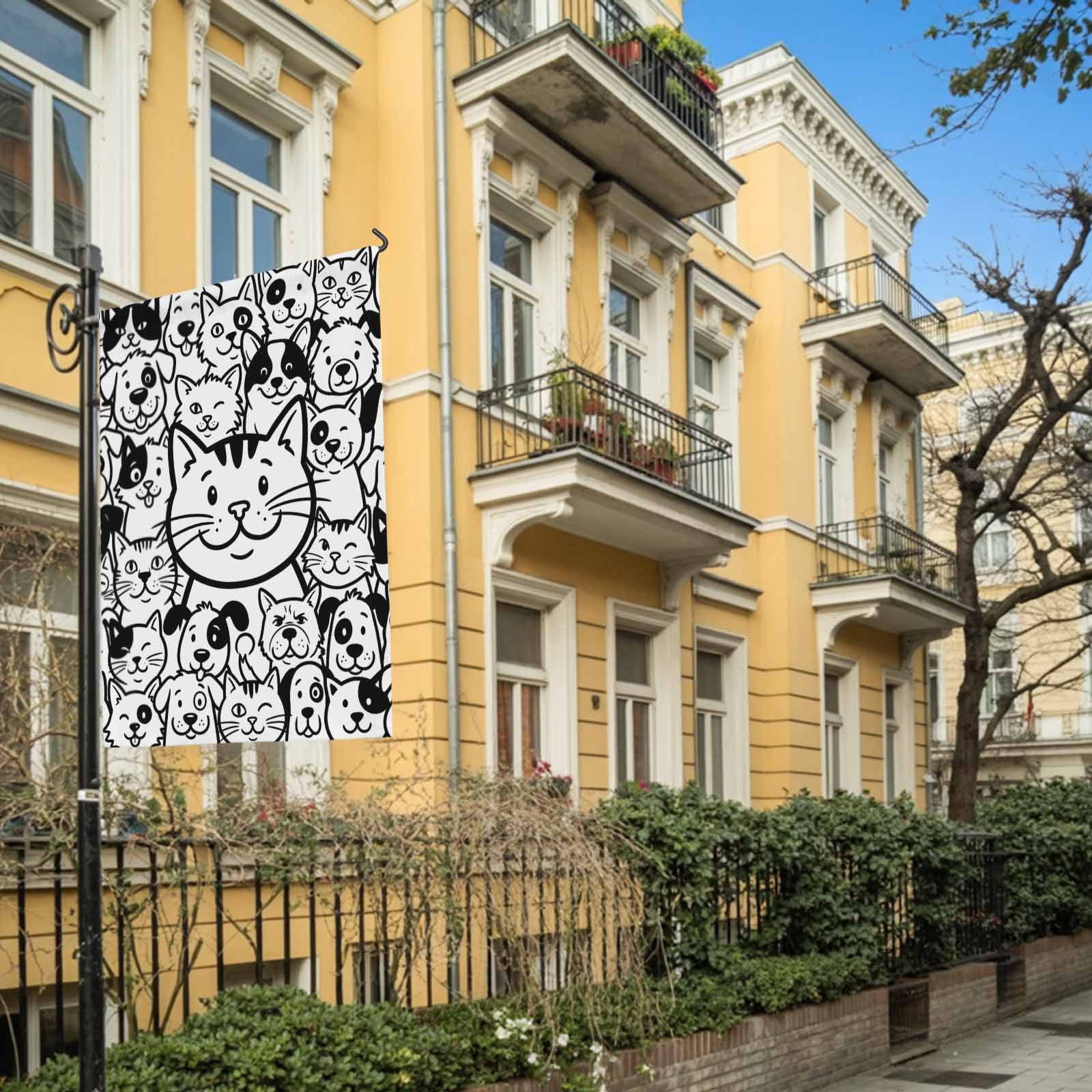 Cartoon Cat House Flag 28 x 40 Inches, Cute Dog Black White Line Animal Abstract Weather Proof Outdoor Patio Flags Double Sided Small House Decoration for Yard Lawn Outside Home