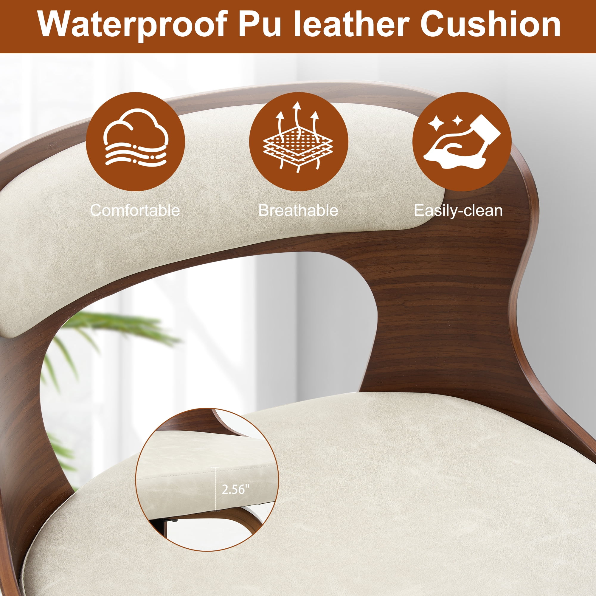 FANCROU 26 inch Swivel Counter Height Bar Stools Set Of 2, PU Leather Seat With Bentwood Back And Legs, Beigegrey