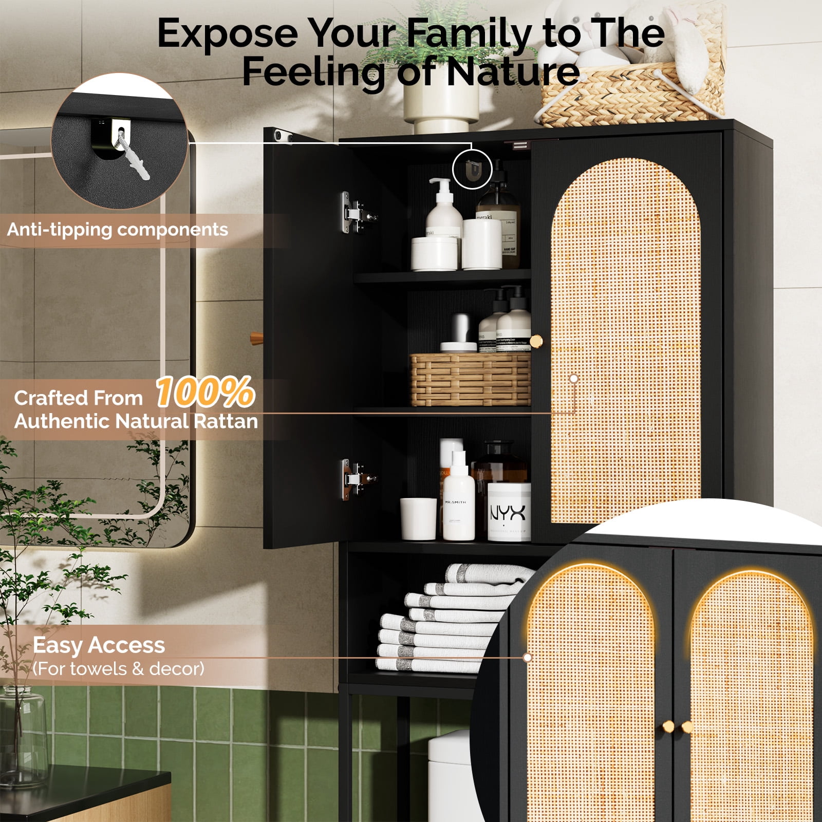 Ktaxon Over the Toilet Bathroom Cabinet Storage Space Saver with Double Doors and Open Shelving, Black