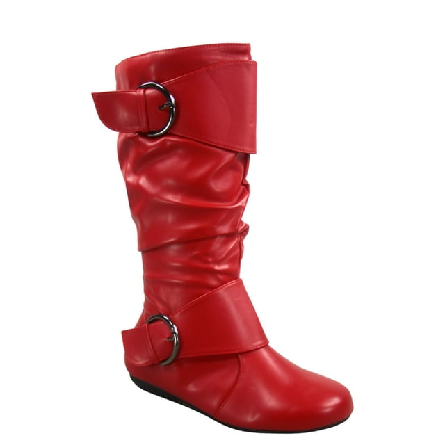 Bottes Mi-Mollet à Bout Rond pour Femmes Zone 80 en Similicuir à Fermeture Éclair et Boucle, Style Plissé Décontracté, Talon Plat ( Rouge, 6.5)