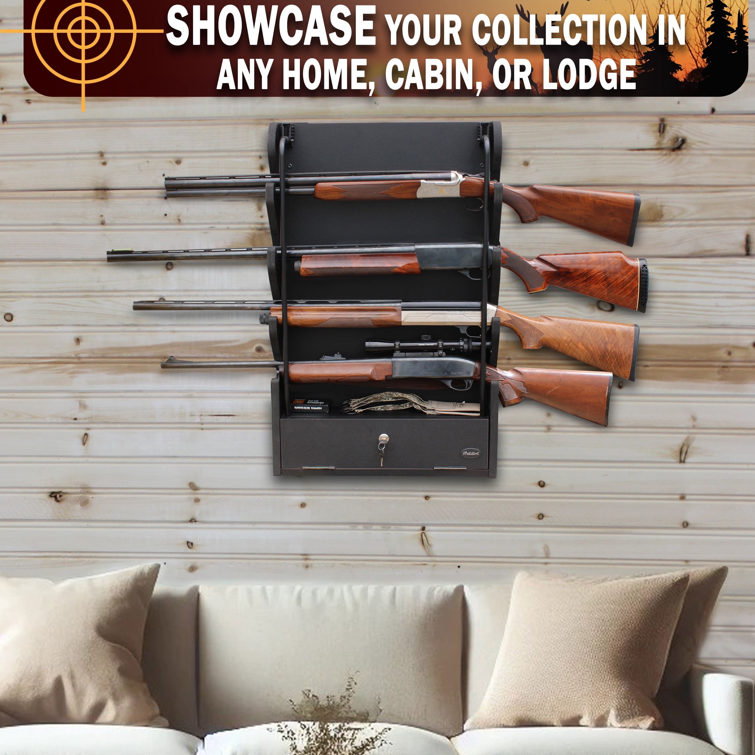 Rush Creek Creations 4 Gun Rack Wall Mount with Storage Compartment and Locking Bar