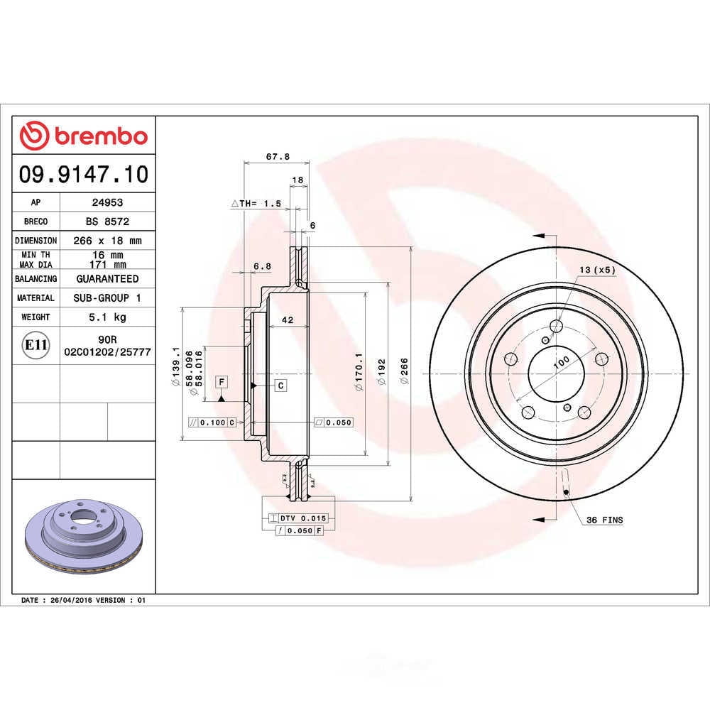 Brembo 09.9147.10 Disc Brake Rotor Fits select: 1991-1993 SUBARU LEGACY SPORT, 1994 SUBARU LEGACY