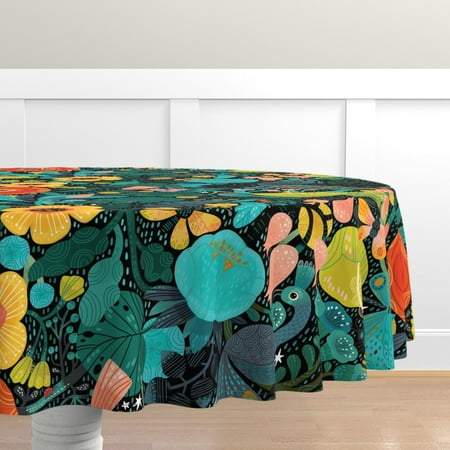 

Cotton Sateen Tablecloth 90 Round - Bohemian Mod Peacock Colorful Nature Floral Exotic Animal Boho Forest Modern Bird Print Custom Table Linens by Spoonflower