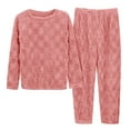 thumbnail image 1 of Conjunto de pijama de dos piezas de franela jacquard de color liso para mujer: top de cuello redondo y pantalones, ropa de estar por casa cálida para el invierno, talla única, 1 of 7