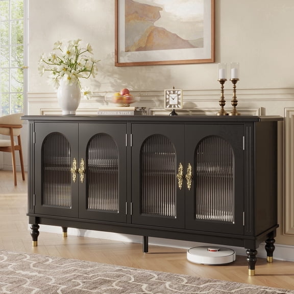 Laisnet 59" Mid-Century Kitchen Credenza, 4-Door Modern Arched Sideboard, Wood Coffee Bar Cabinet with Adjustable Shelves, Black