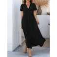 thumbnail image 6 of Women Summer Casual Midi Dress Puff Sleeve V Neck Ruched Button Front Split Boho Beach Vacation Wedding Dresses 2025, 6 of 9