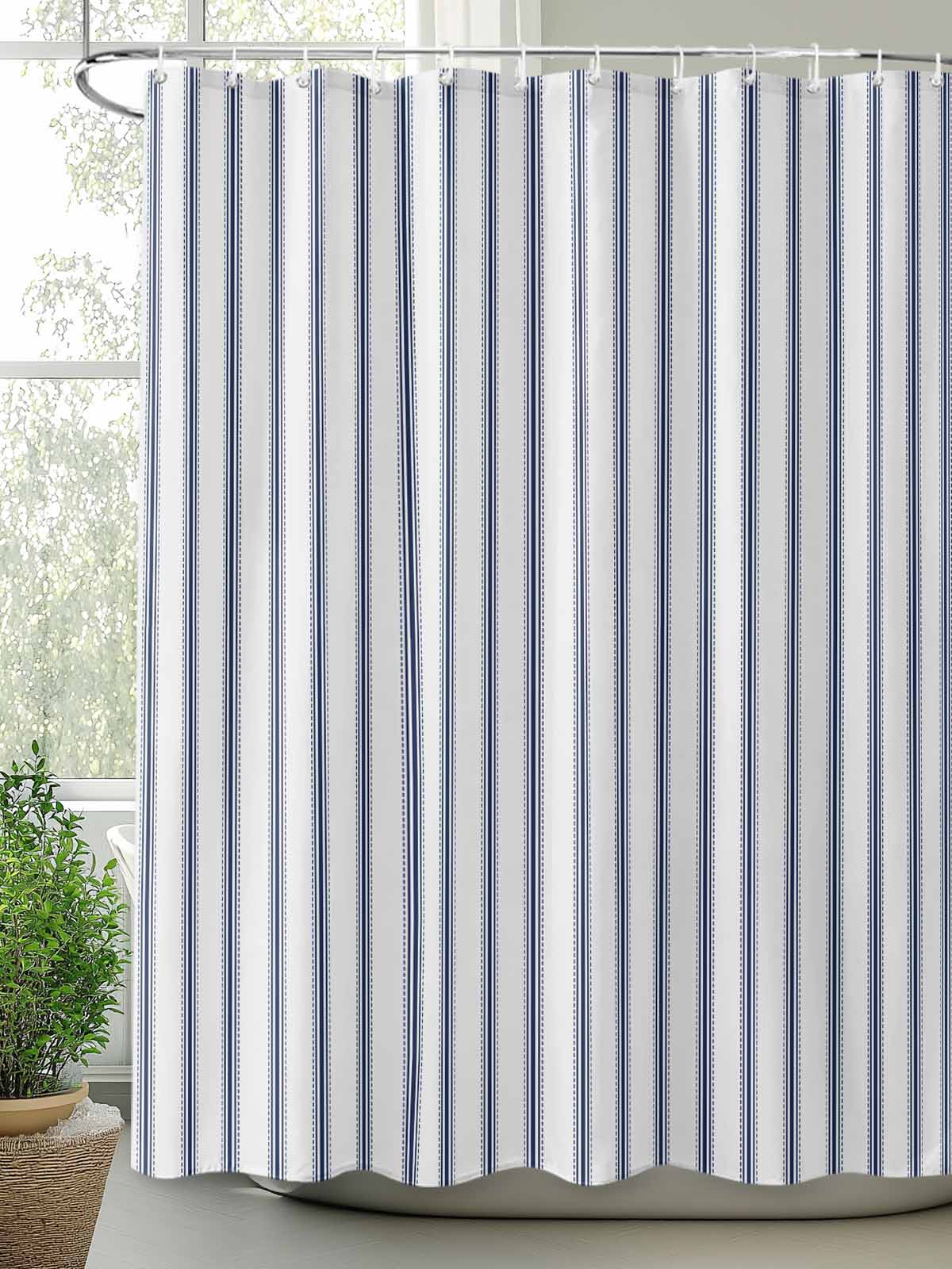 Navy Blue Striped Standard Shower Curtain Set, Waterproof Shower Curtains for Bathroom, Navy Blue White Stripes Farmhouse Washable Fabric Cloth Bath Curtain for Bathtub with Hooks 72x72 Inches