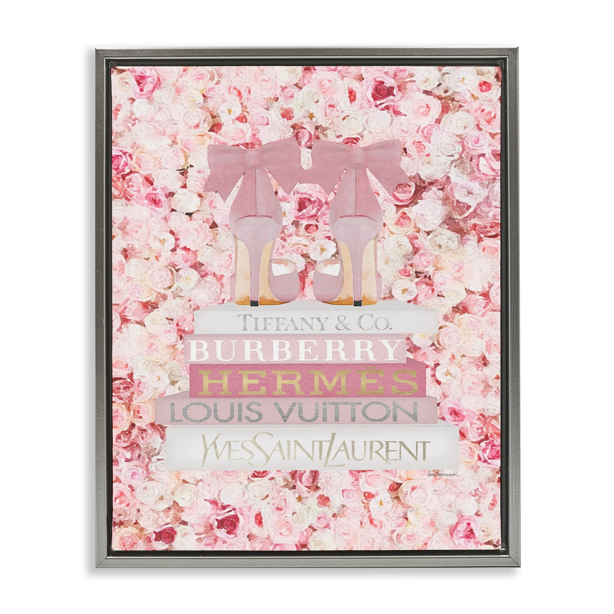 Stupell Industries Pink Fashion Heals with Glam Books and Rose Details Luster Gray Framed Floating Canvas Wall Art, 16x20, by Amanda Greenwood