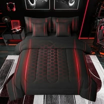 jejeloiu Geometric Honeycomb Hexagon 7-Piece Twin Bedding Sets,Neon Striped Lines Bedding Comforter Set,Red Black Sheet Sets For Kids,Super Cozy Room Decor Reversible