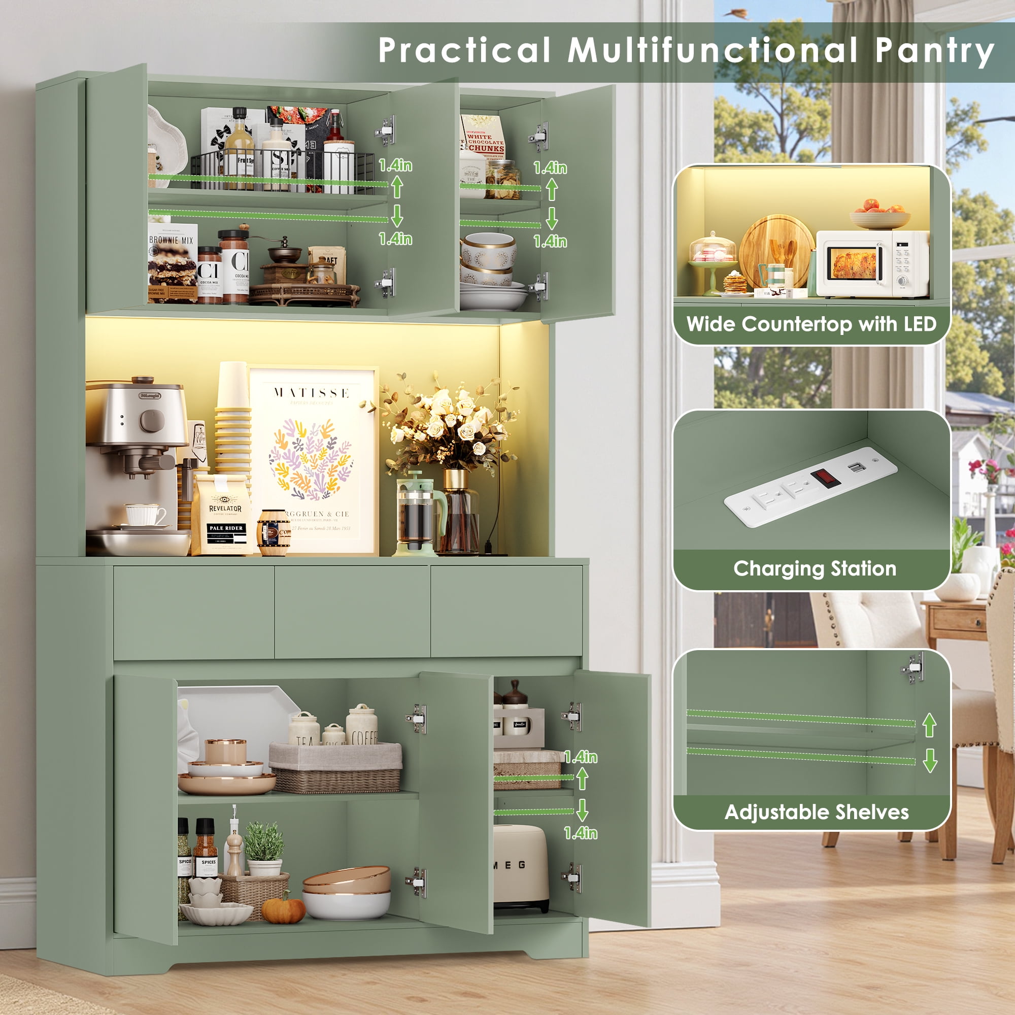 Homfa 70.9'' Tall Kitchen Pantry Cabinet with Charge Station & Led Light, 3 Drawer Storage Cabinet with Adjustable Shelves, Green