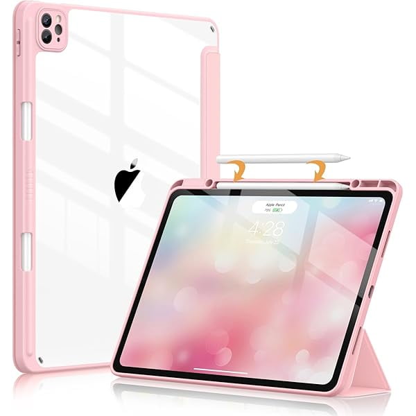 Chenchen Case for iPad Pro 12.9 Inch (6th/5th/4th/3rd Generation, 2022/2021/2020/2018) - Pencil Holder + Auto Sleep/Wake + Camera Protection, Transparent Shockproof Back Cover, Pink