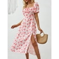 thumbnail image 4 of ZOELNIC Women's Floral Summer Dress Square Neck Puff Sleeve Boho Midi Dress with Ruched Bust & High Waist Split, Casual & Beach Outfit, M, 4 of 7