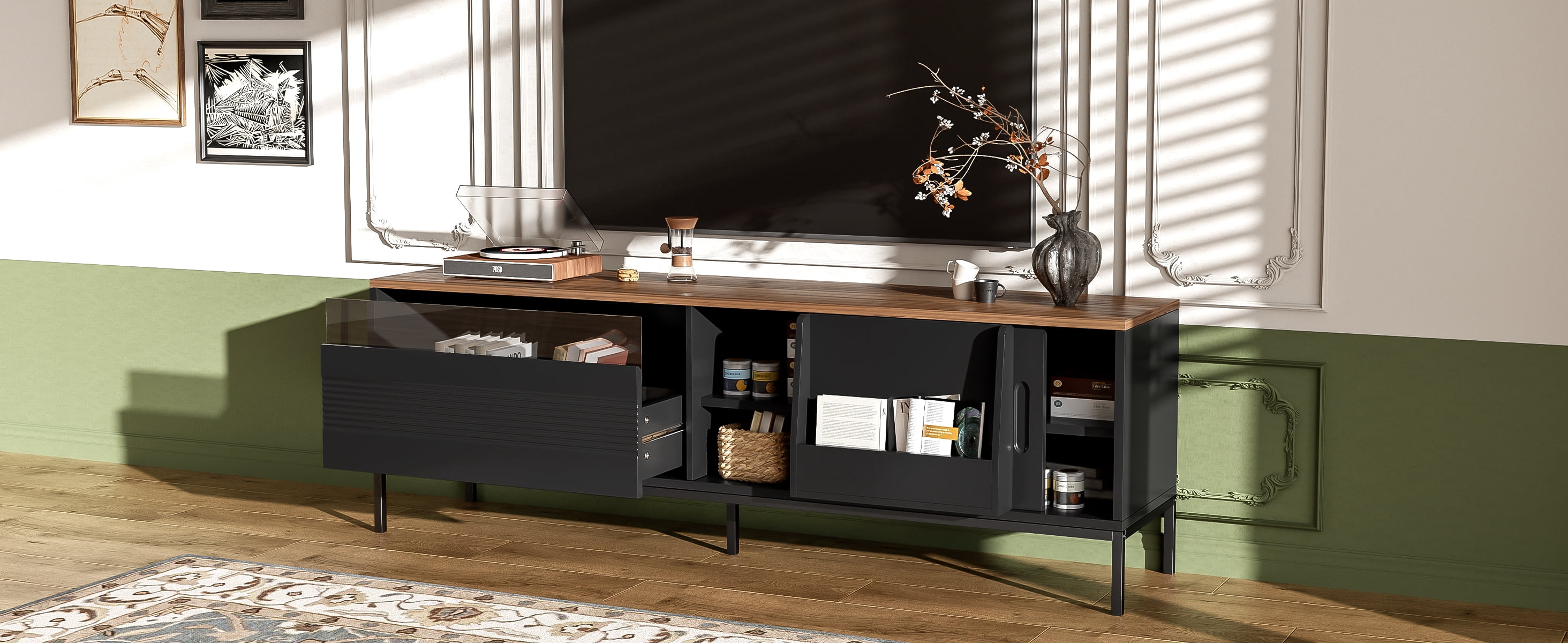 Euroco 70.8'' Modern TV Stand for TVs up to 75 Inches, Entertainment Center with Storage Space, Sliding Doors, Adjustable Shelves and Metal Frame, Mid Century Modern Media TV Console Table