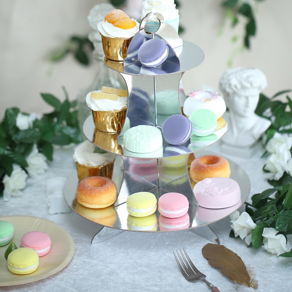 Efavormart 3 Tier 14" Metallic Silver Cardboard Cupcake Stand Cupcake
