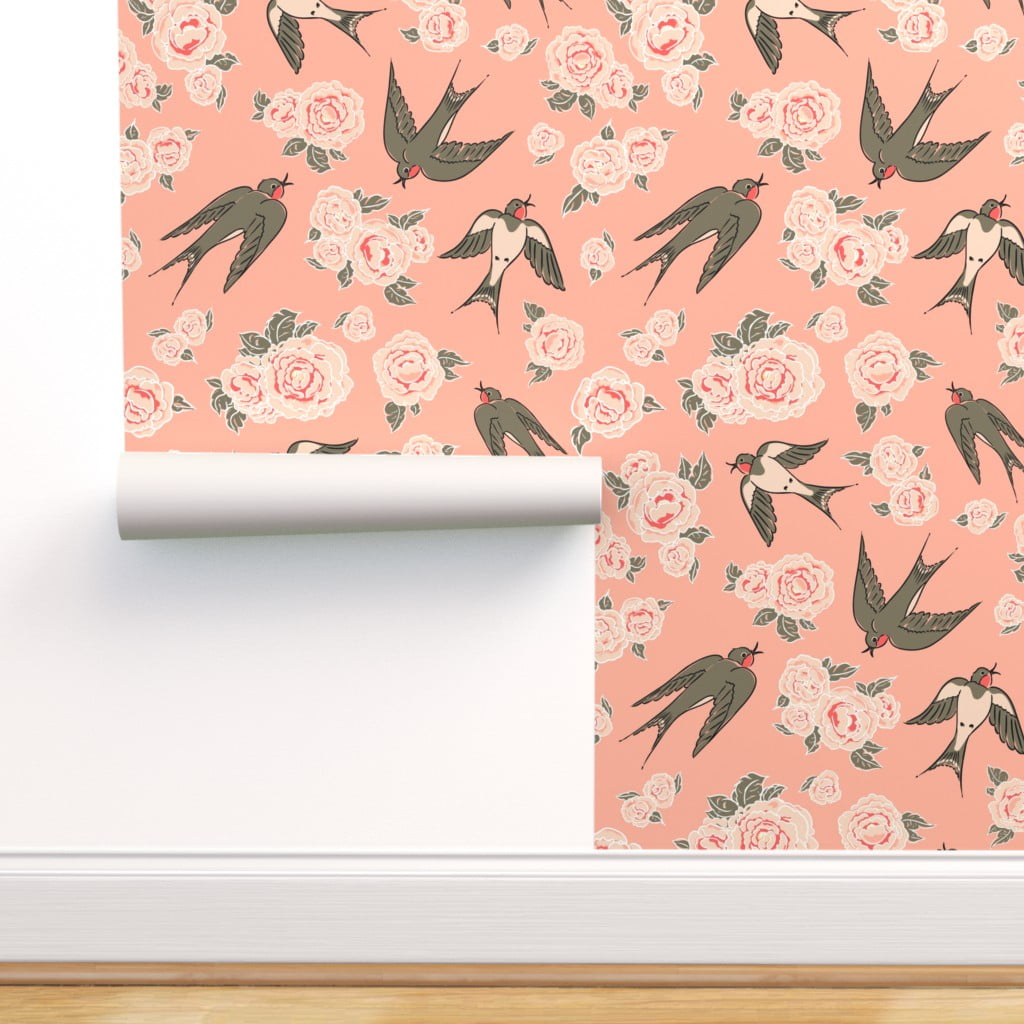 Peel-and-Stick Removable Wallpaper Swallow Blush Pink Floral Bird 
