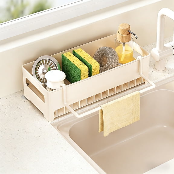 Sink Organizer with Towel Hook, Black Plastic Sponge & Soap Dispenser Holder | Drain Rack with Storage Basket for Kitchen Countertop White