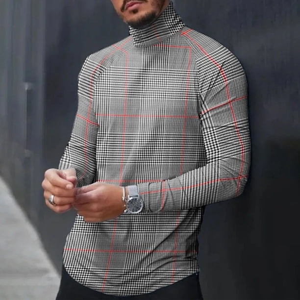 Blusa básica patrón a cuadros cuello alto cómoda camiseta de manga larga delgada para hombres versátil para fiestas para hombres para citas ANGGREK Otros