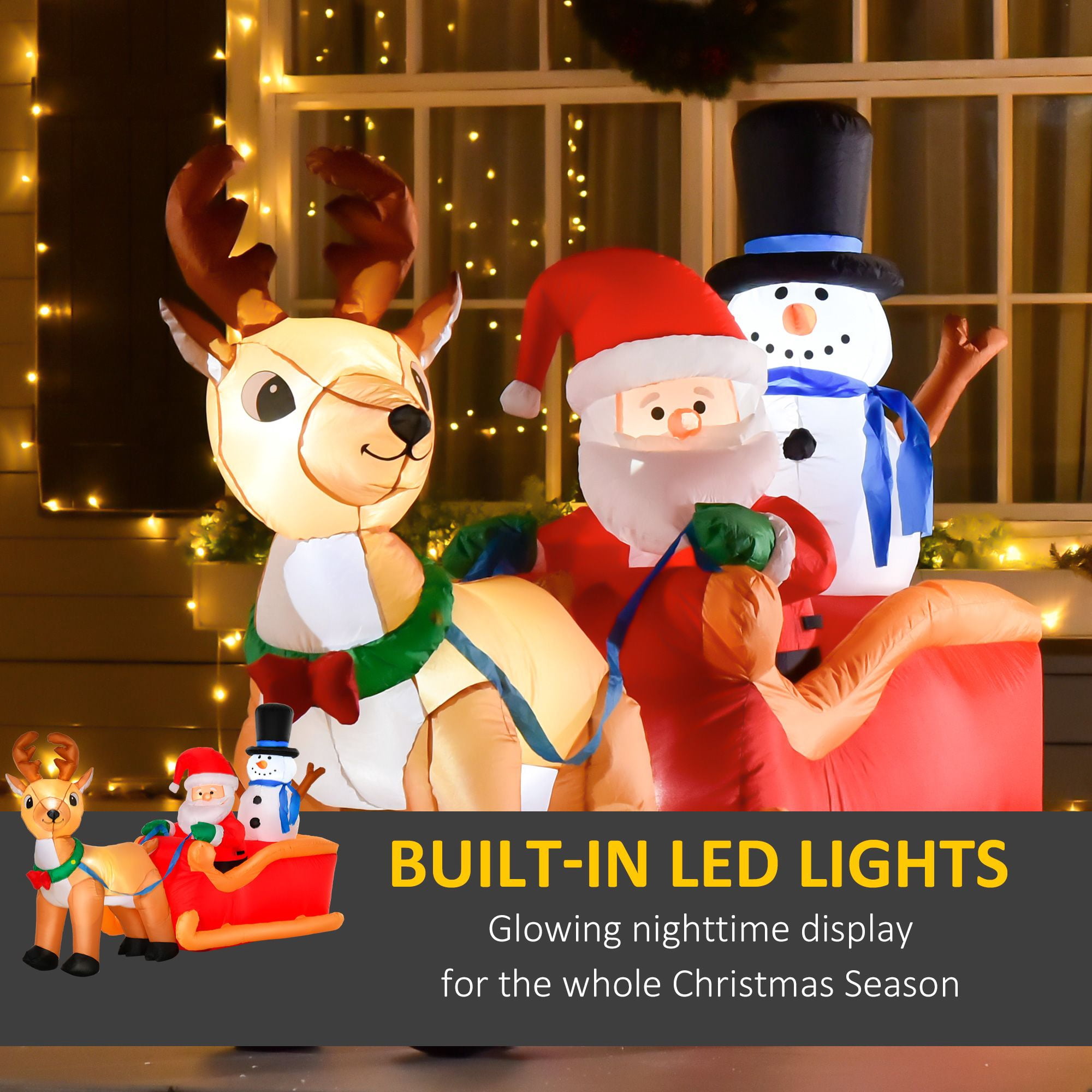 6.5 ft Christmas Inflatable with Santa Claus on Sleigh, Reindeer and Snowman, LED Lights, Polyester, 78.75 in Long, for Yard Decor
