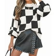 thumbnail image 3 of Women'S Fall Fashion Roll-Neck Long Sleeve Plaid Ribbed Knit Loose Pullover Sweater Tops Black Checkered L, 3 of 9