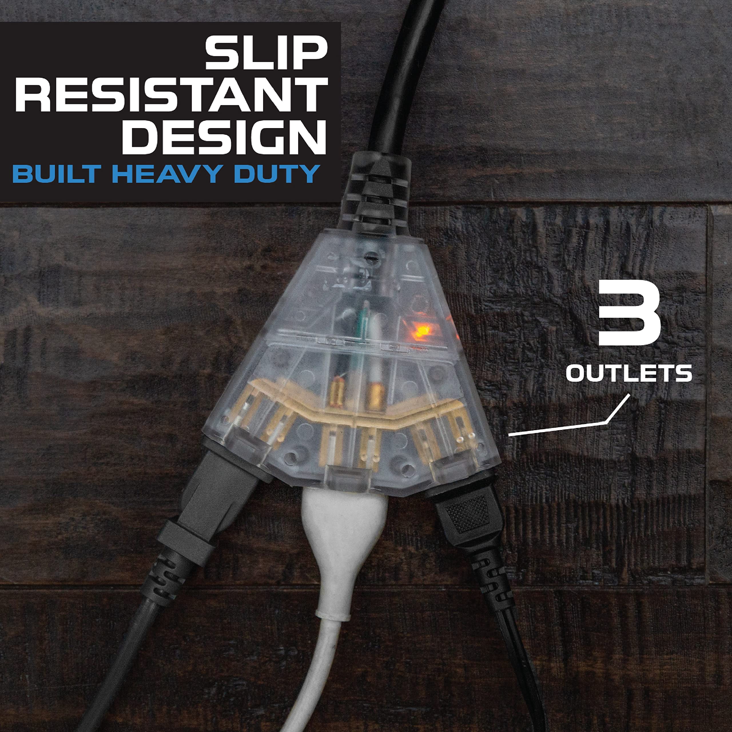 Iron Forge Cable 10 Gauge 25ft Lighted Outdoor Heavy Duty Extension Cord with 3 Outlets - 15 Amp 10/3 SJTW Black Extension Cord with Multiple Outlets