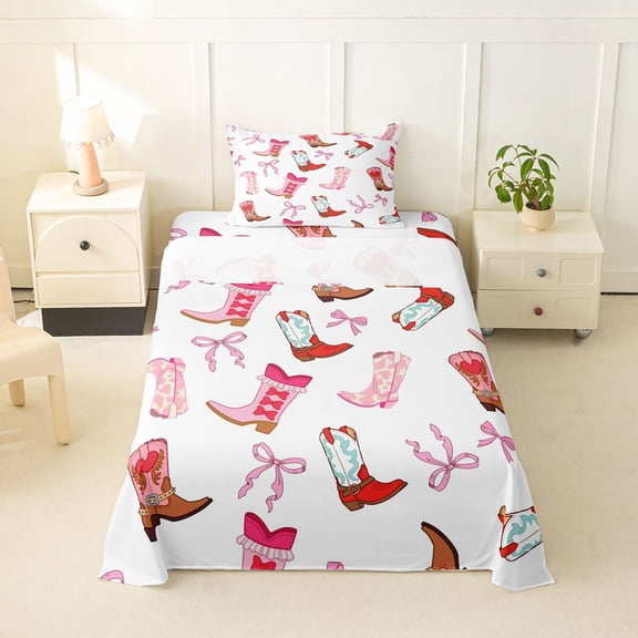 Homewish Western Cowgirl Boots Twin Sheets,Cute Bowtie Bedding,White Pink,3-Piece,1 Fitted Sheet and 1 Pillowcase
