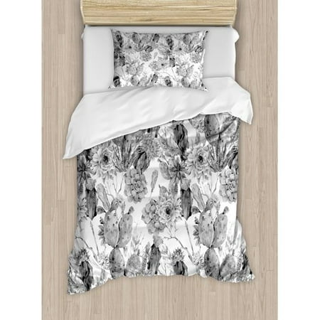 Ambesonne Boho Style Monochrome Cactus Flowers Feathers Exotic