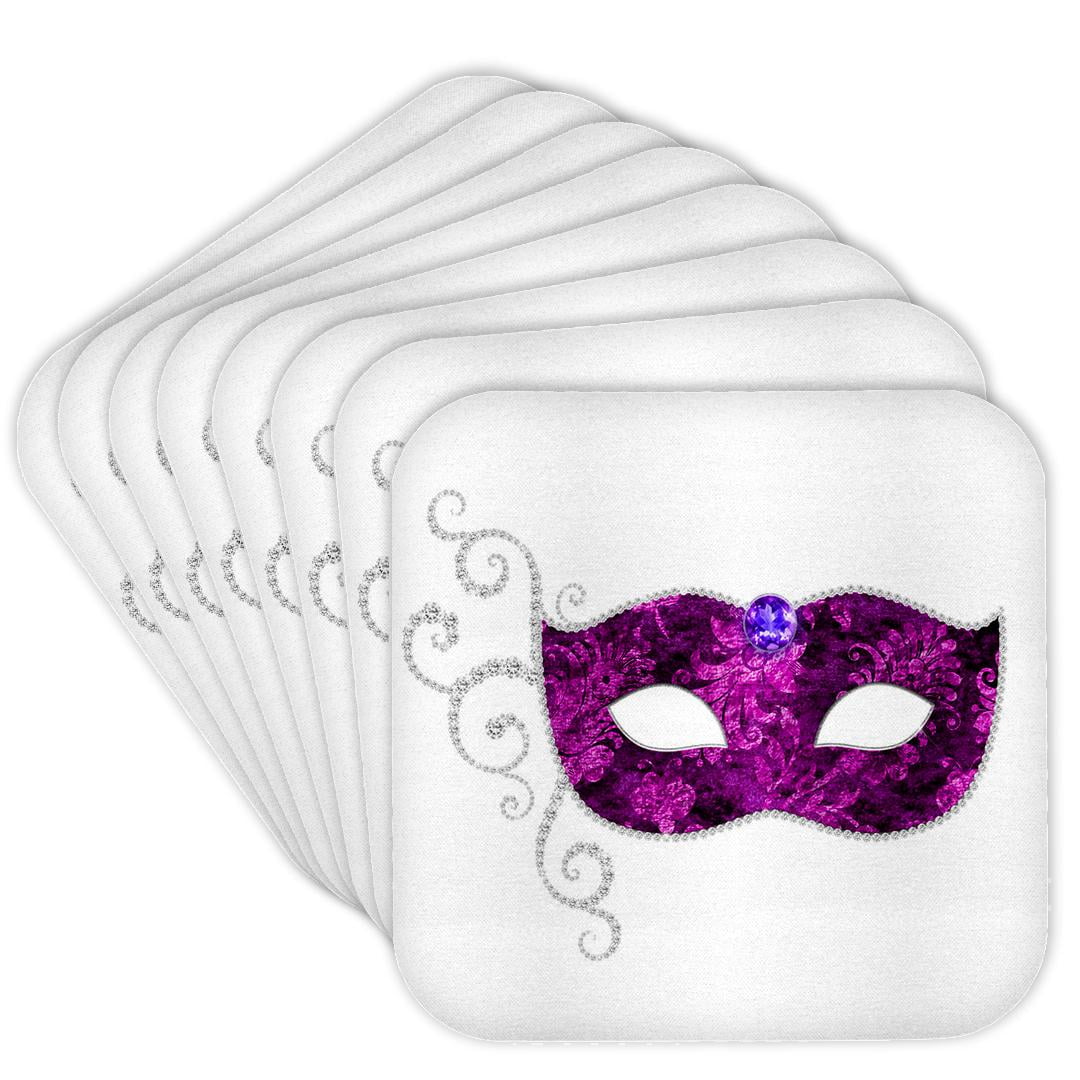 3drose, Glam Purple and Silver Color Image of Jeweled Costume Mask Design, Set of 8 Coasters - Cork