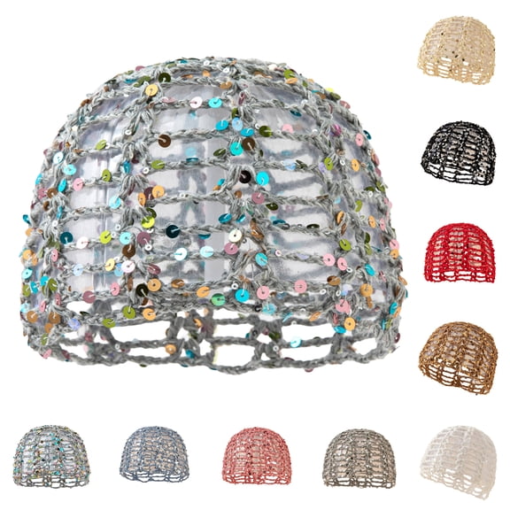 Handmade Summer Crochet Sequin Beanie Hat for Women Lightweight Beanies Hat Breathable Skull Cap Headwear Beige One Size
