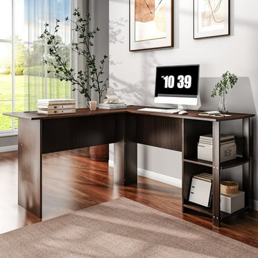 FCH L-Shaped Computer Desk Workstation Laptop PC Table Shelves Office Furniture Dark Brown