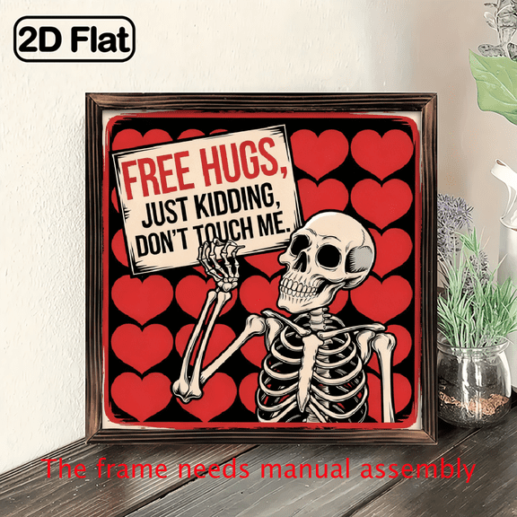 2D Flat, 1pc Free Hugs Wooden Wall Art Vintage Wooden Wall Art - Skeleton with Free Hugs, Just Kidding, Don't Touch Me Quote, Original Indoor Wall Sculpture, 8x8 Inch, with Wall Mount for Valent
