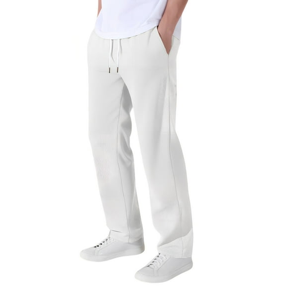 Men's Solid Color Waffle Weave Breathable Loose-Fit Casual Straight-Leg Pants, Beige, Size L