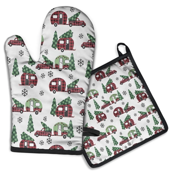 White Christmas Car and Camper Pattern Kitchen Oven Mitt and Pot Holder Sets 2 Pcs for Baking, Cooking and Grilling, Heat Resistant Up To 392 °F