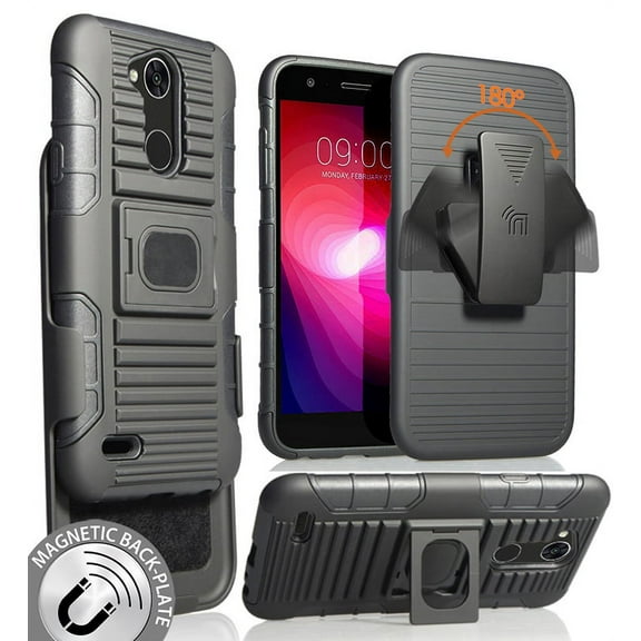 Case with Clip for LG X Power 3, Nakedcellphone Black Ring Grip Cover   Belt Hip Holster Stand [with Built-In Mounting Plate] for LG X Power 3 (2018)