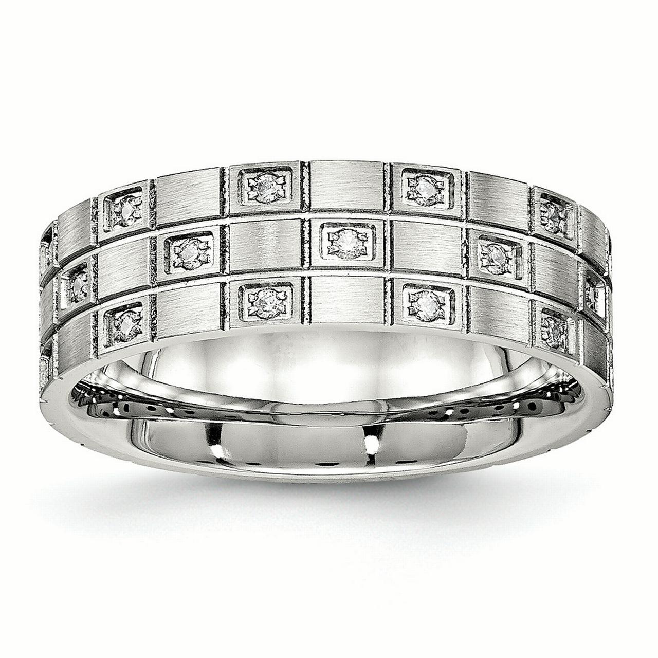 Chisel Chisel Stainless Steel Brushed Grooved CZ Wedding Band, Size 7