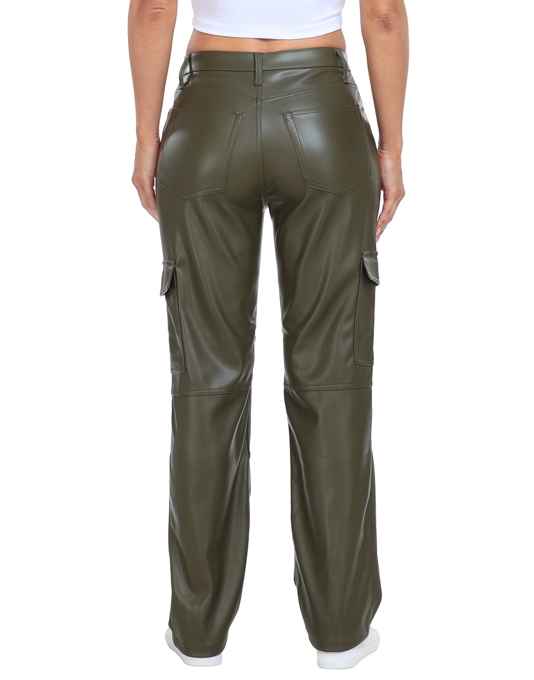 HDE Women's High Waisted Faux Leather Cargo Pants with Pockets Green 30