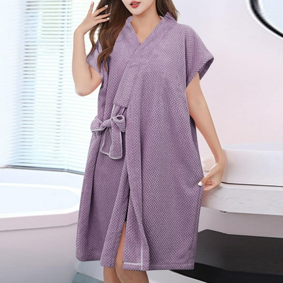 Fanxing Womens Terry Home Cloth Bathrobe Short Sleeve Tie Waist Spa Hotel Dressing Gown Short Soft Plush Robes with Pockets Purple Free Size