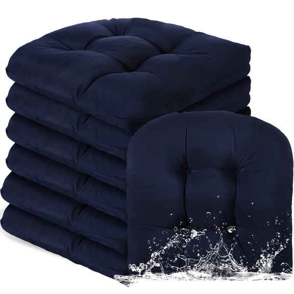 6-Piece Waterproof All-Weather Outdoor Chair Cushion Set, Navy Blue Tufted Square Overstuffed Seat Cushions 19x19 Inch with Zippered Removable Covers for Patio Dining Indoor, Machine Washable