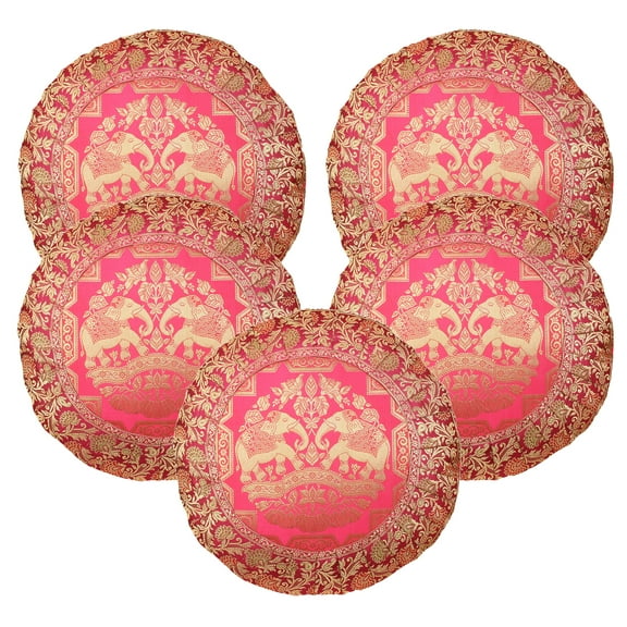 Stylo Culture Indian Brocade Decorative Throw Pillow Covers Pink 17 x 17 Traditional Jacquard Weave Pleated Border Couch Cushion Covers 43x43 cm Satin Elephant Round Pillowcases | Set Of 5