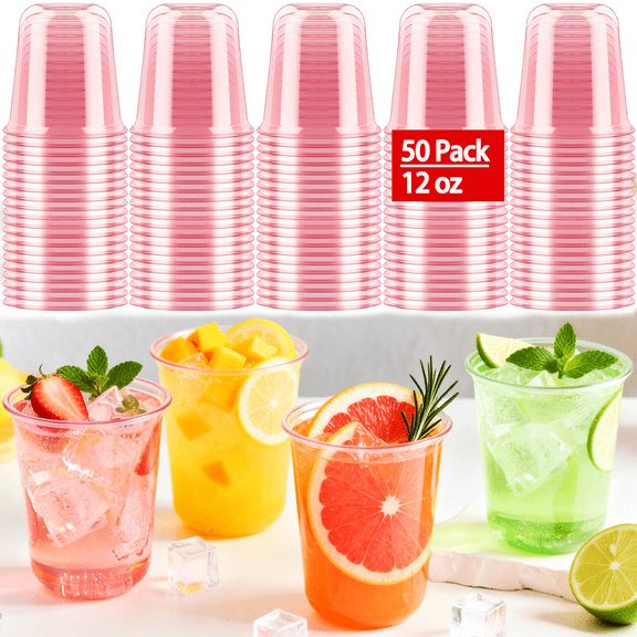 50 Pcs Disposable Pink Plastic Cups,12oz Drink Cups Stemless Wine Glasses for Graduation, Birthday Party
