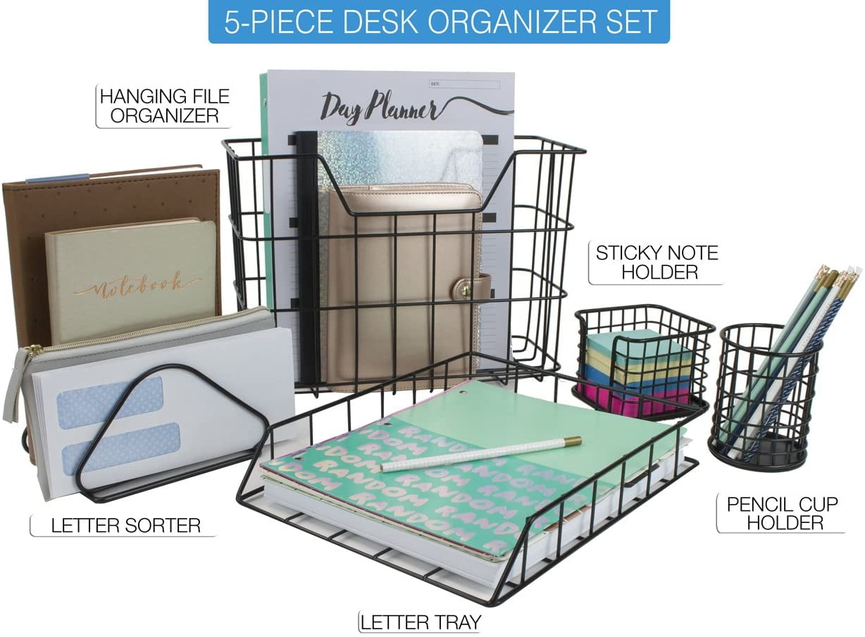 Sorbus 5-Piece Desk Organizer Set for Home and Office, Black Metal Desk Storage Set