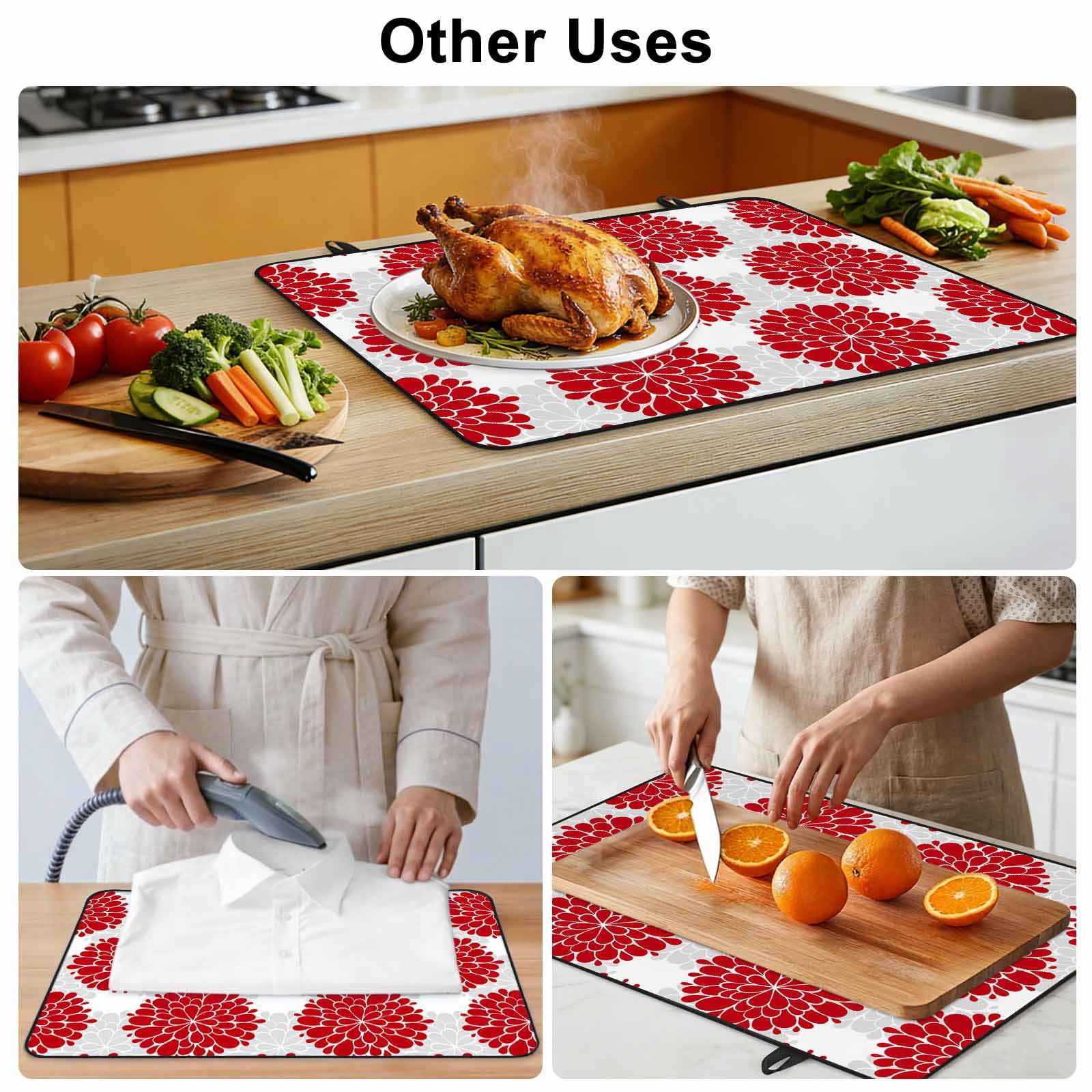 Red Dahlia Stove Top Cover for Electric Stove, Heat-proof & Non Slip Glass Top Stove Cover Protector, Vintage Country Grey Abstract Flowers Floral Kitchen Flat Cooktop Rubber Mat 36x21 Inches