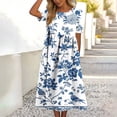 thumbnail image 4 of YueHuiYing Women's Summer Casual Blue-and-White Porcelain Print Short-Sleeve Round-Neck Knee-Length Dress, 4 of 7