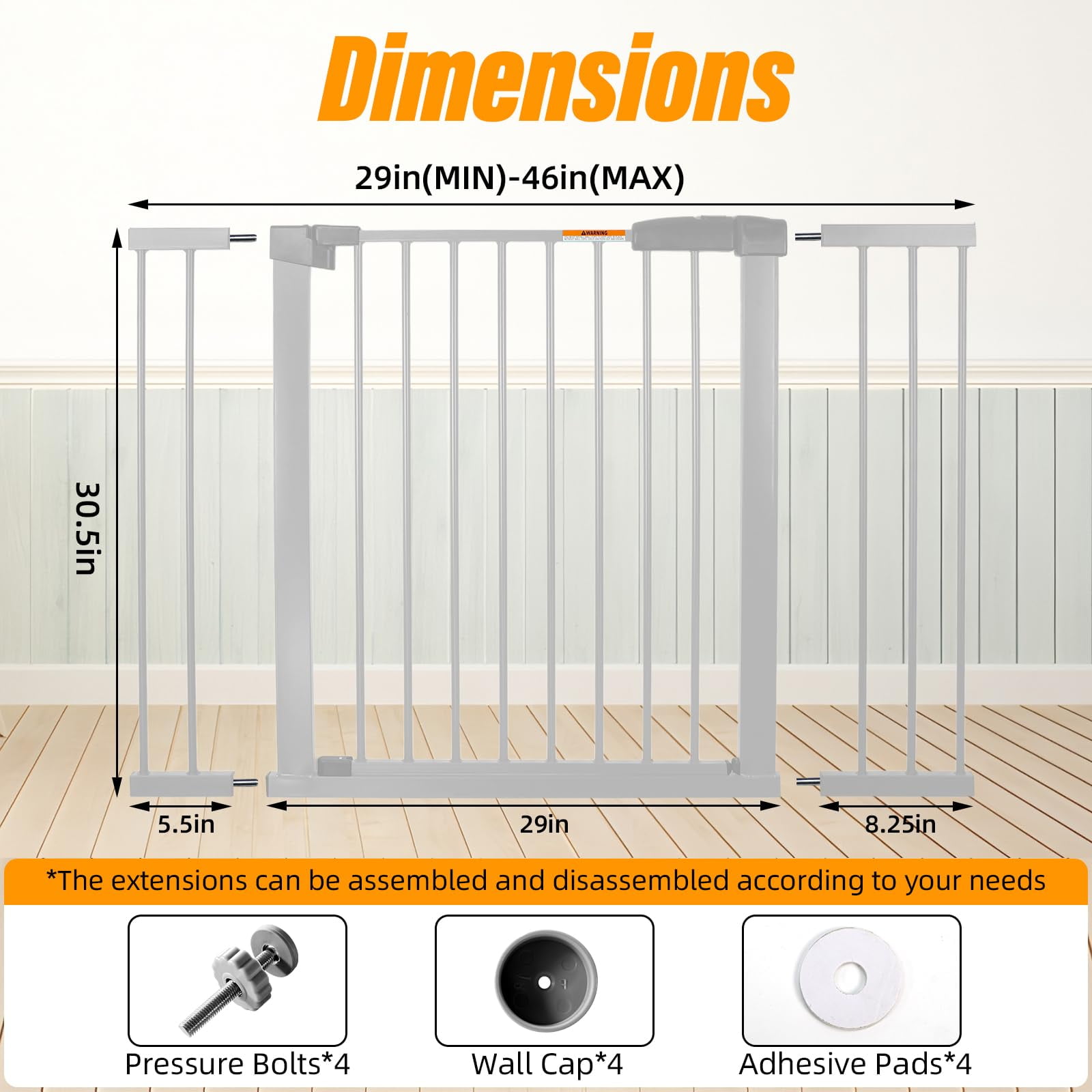 29-46 Inch Dog Gate Indoor, Adjustable Pet Gates for Wide Openings, Pressure Mounted Pet Fence, No Drilling, Expandable Dog Gate for Doorways, Stairways and Hallways (White, 29"-46" W x 30.5“H)