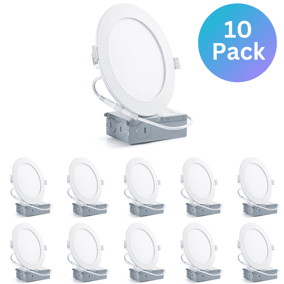 4-Inch LED Recessed Slim Pot Lights with Junction Box, 6000K Daylight White, Dimmable 9W 750LM High Brightness Led Panel Lights, IC Rated Indoor & Outdoor Led Ceiling Lights, ETL Listed (10 Pack)