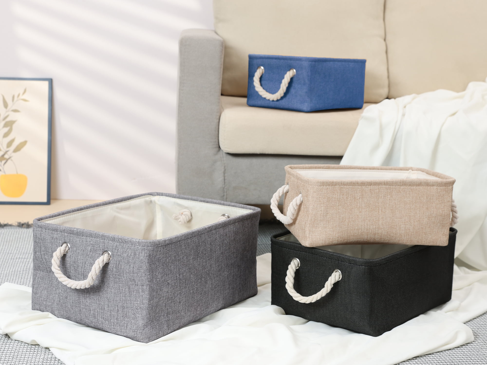 Unique Bargains Storage Bin with Handles for Closet Organizers Blue 16.1"x12.2"x7.9"