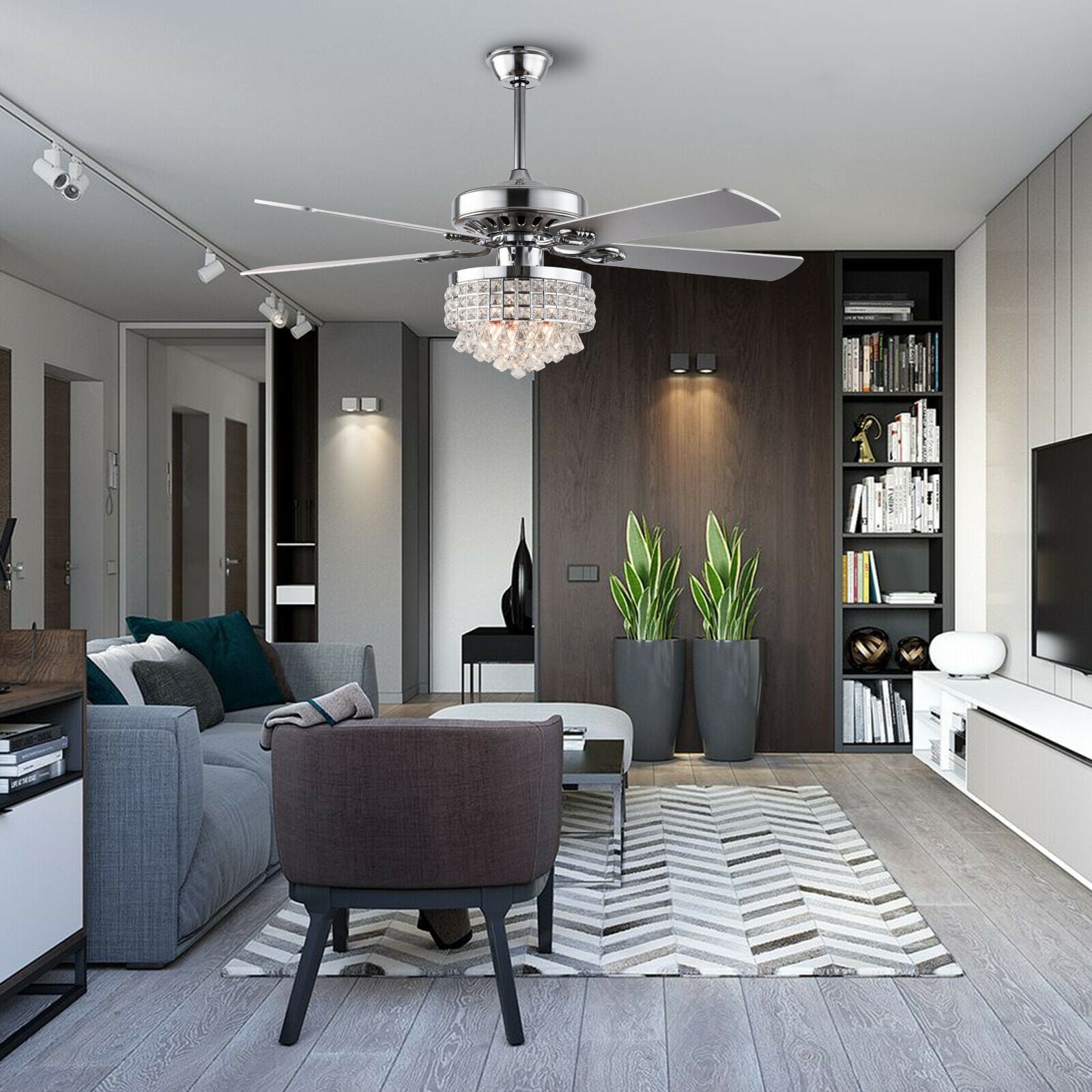 52" Retractable Crystal Fan Light Lamp Living Room Ceiling Fixture RemoteControl 