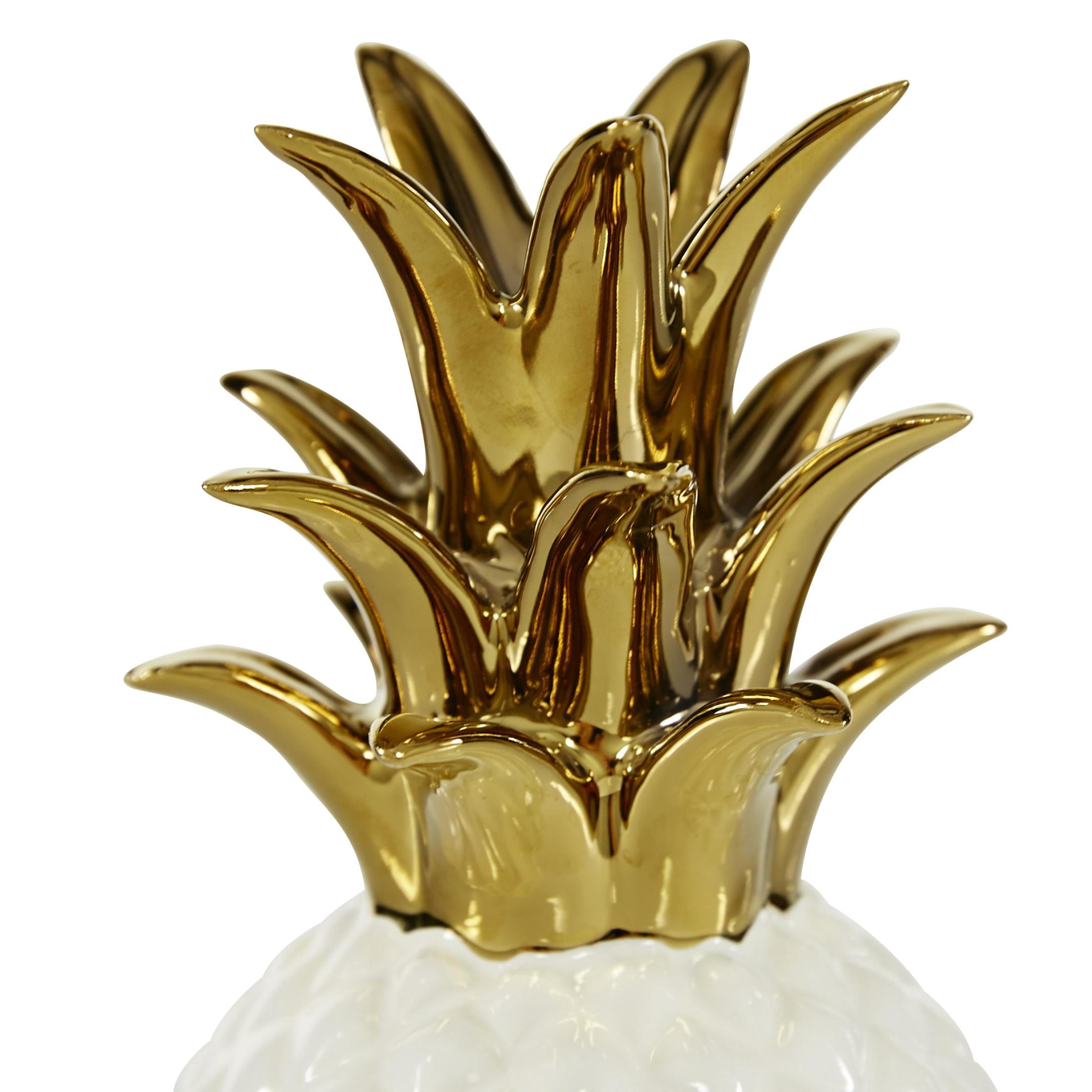 4" x 10" White Porcelain Ceramic Faceted Pineapple Fruit Sculpture with Gold Leaves, by CosmoLiving by Cosmopolitan