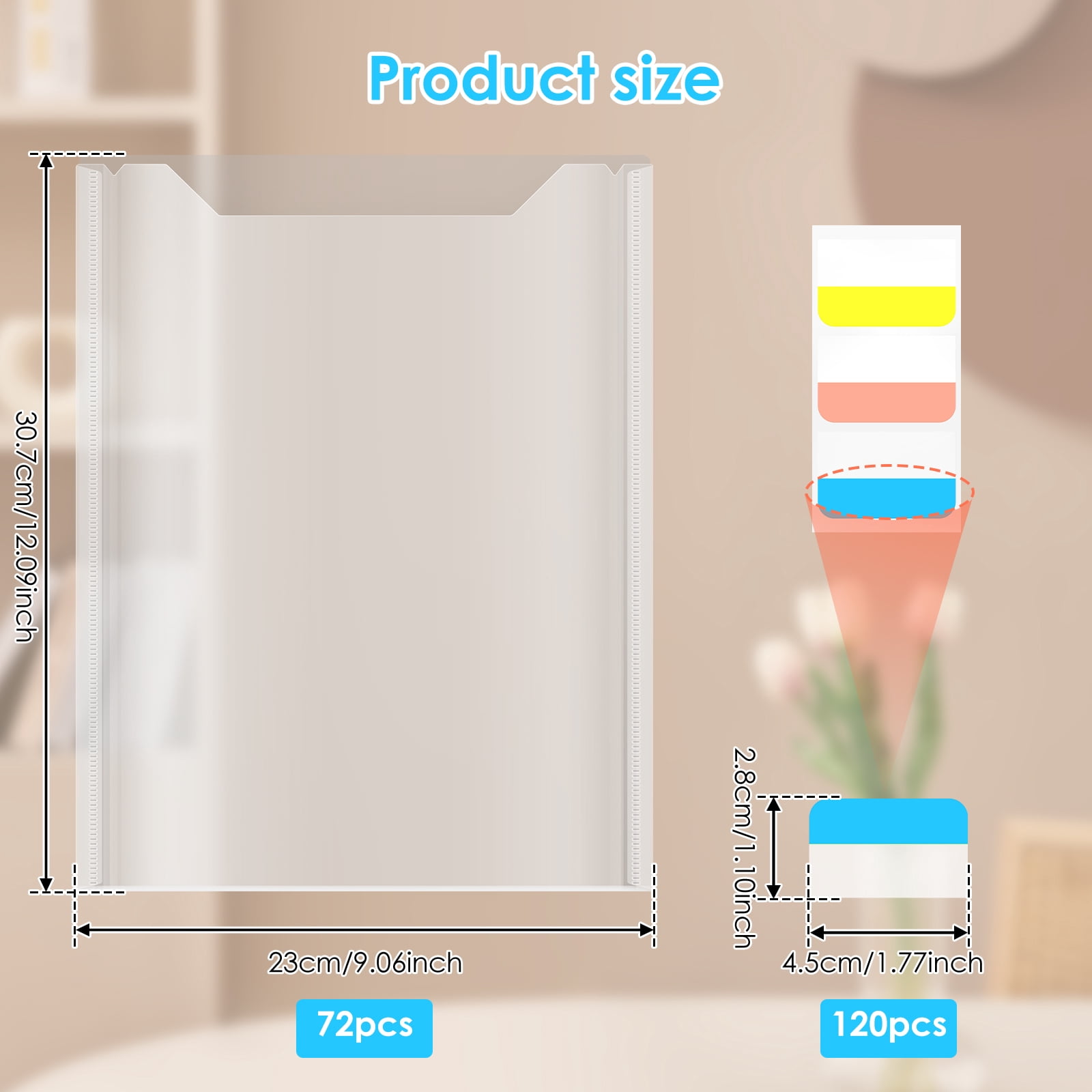 72PCS 9.06x12.09in Scrapbook Paper Storage Organizer, Cardstock Paper Holder with 120 PCS Sticky Index Tab, Clear Top Loading File Folder, Plastic Craft Storage Organizer for Vinyl Papers, Photos